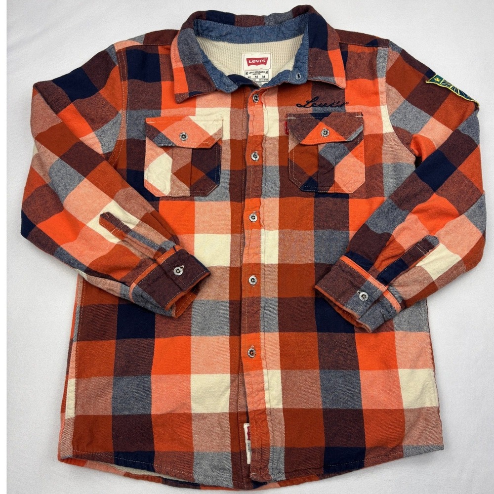 Levis Boys Medium 10-12 Flannel Shirt Orange Plaid Waffle Lined Long Sleeve
